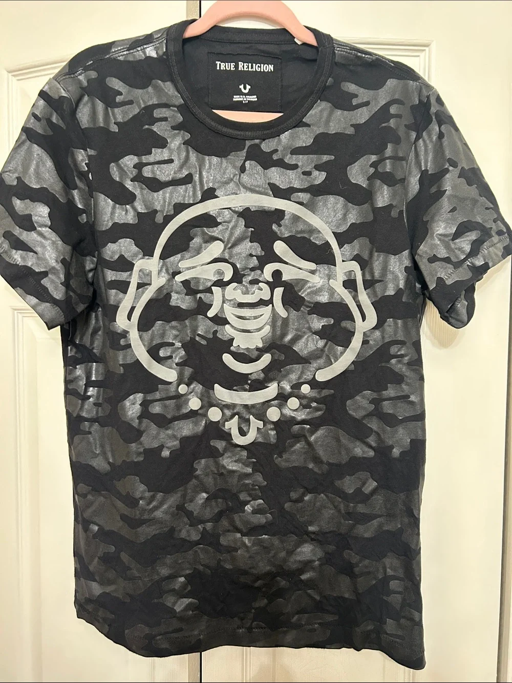 True Religion Black & Gray Camo Graphic Tee with Silver Buddha Logo